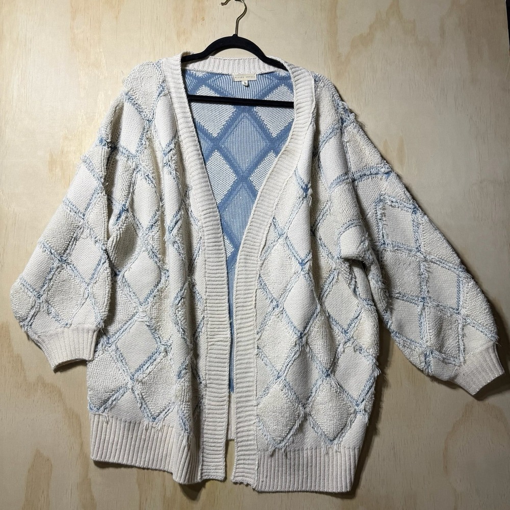 Gilded Intent Cardigan Sweater L Blue‎ Cream Chunky Knit Open Front